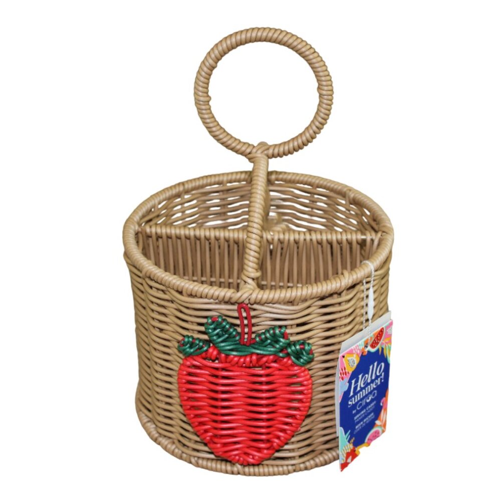 Ciroa Hello Summer Strawberry Tan Resin Wicker Utensil Holder Serving Caddy NWT